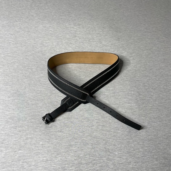 Michael Kors Women’s Chain-Trim Pebbled Black Genuine Leather Belt - Picture 1 of 8